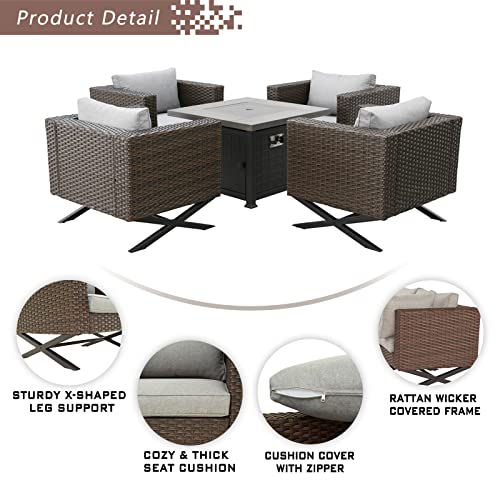 Sports Festival Fire Pit Table Set of Propane Fire Table and 4 Wicker Chairs with Thick Cushions for Patio Rattan Outdoor Furniture, CSA Certification