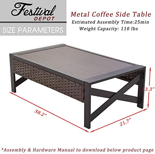 Festival Depot Patio Table Rattan Coffee Table with Aluminum Tabletop and X Shaped Leg All Weather Outdoor Wicker Furniture for Backyard Porch Garden