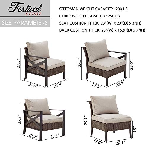 Festival Depot 13 Pcs Patio Outdoor Furniture Conversation Set Sectional Corner Sofa with All-Weather Brown PE Rattan Wicker Back Chair, Ottoman, Coffee Table and Thick Removable Couch Cushions 