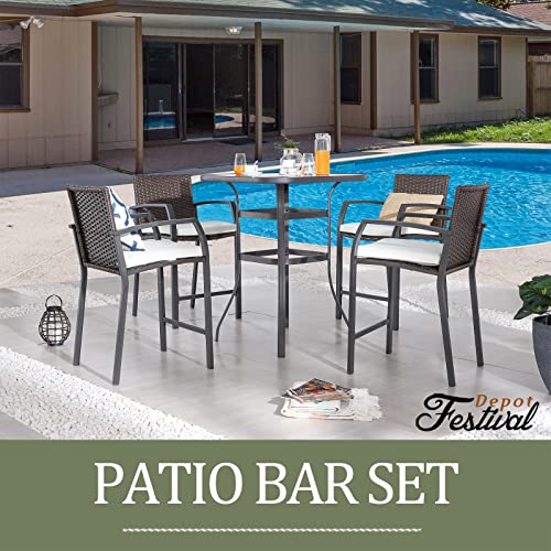 Festival Depot 5 Pcs Patio Bar Set of 4 Wicker Stools with Cushions Rattan High Stools with Armrests and Tempered Glass Top Counter Table in Metal Frame Outdoor Furniture for Bistro Garden