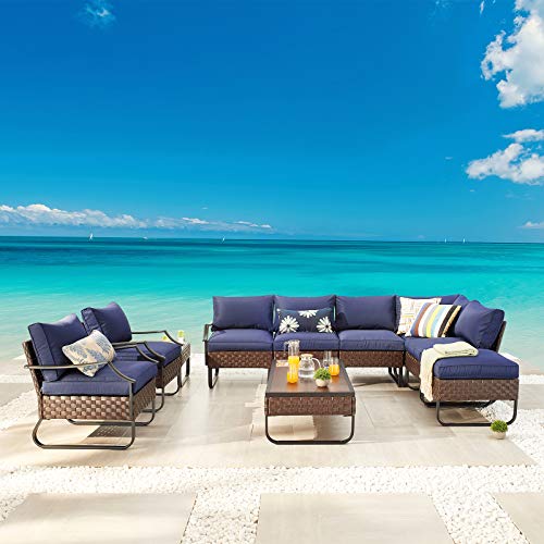 Festival Depot 10 Pieces Patio Conversation Sets Outdoor Furniture Sectional Corner Sofa with All-Weather PE Rattan Wicker Back Chair, Coffee Table and Thick Soft Removable Couch Cushions (Blue) 