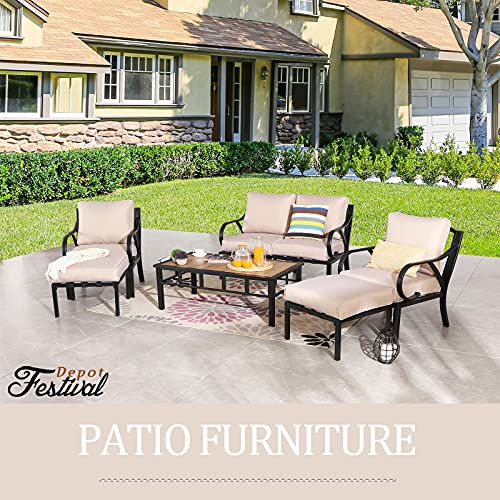 Festival Depot 7pcs Patio Conversation Set Sectional Metal Chairs with Cushions Ottoman and Coffee Table All Weather Outdoor Furniture for Garden Backyard Balcony, Beige 