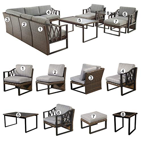 Festival Depot 12Pc Outdoor Furniture Patio Conversation Set Sectional Corner Sofa Chairs All Weather Wicker Ottoman Metal Frame Slatted Coffee Table with Thick Grey Seat Back Cushions Without Pillows 