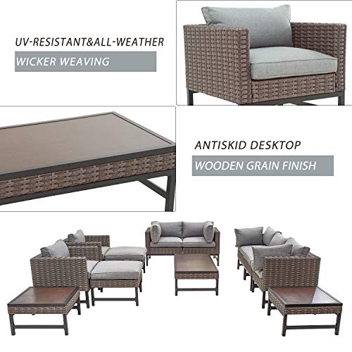 Festival Depot 12 Pieces Patio Conversation Set Outdoor Furniture Combination Sectional Corner Sofa All-Weather Woven Wicker Metal Armchairs with Seating Back Cushions Side Coffee Table Ottoman,Gray 