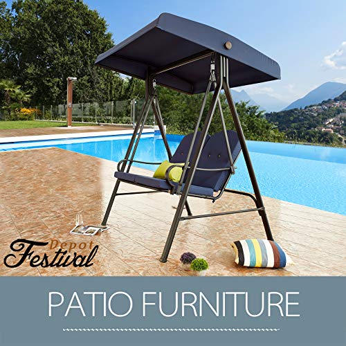 Festival Depot 2-Seats Outdoor Patio Swing Chair with Adjustable Convertible Canopy Hanging Furniture, Removable Thick Cushions, Weather Resistant Steel Frame for Balcony Poolside Deck (Blue)