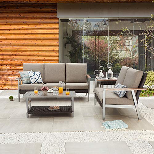 Festival Depot 4pcs Patio Conversation Set Wicker Armchair All Weather Rattan Loveseat 3-Seater Sofa with Thick Cushions and Side Coffee Table in Metal Frame Outdoor Furniture for Deck Garden 