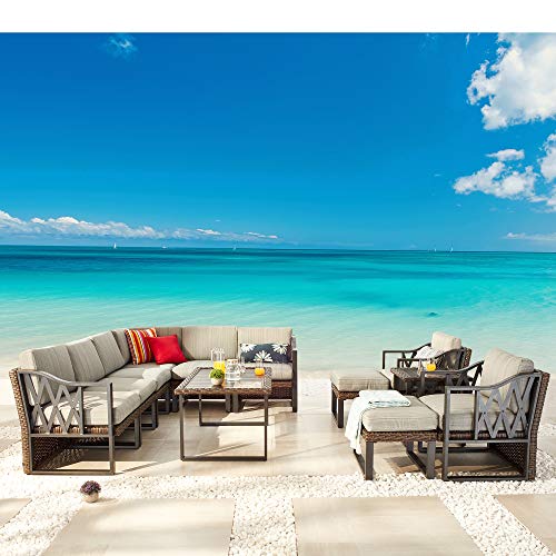 Festival Depot 12Pc Outdoor Furniture Patio Conversation Set Sectional Corner Sofa Chairs All Weather Wicker Ottoman Metal Frame Slatted Coffee Table with Thick Grey Seat Back Cushions Without Pillows 