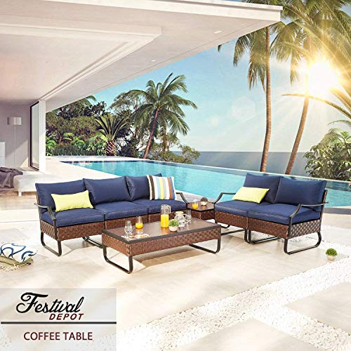 Festival Depot Patio Table Rattan Woven Wicker Coffee Table with Aluminum Tabletop and U Shaped Leg All Weather Outdoor Furniture for Backyard Porch Garden