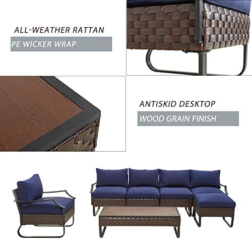 Festival Depot 7 Pieces Patio Outdoor Furniture Conversation Sets Sectional Sofa, All-Weather PE Rattan Wicker Back Armchair with Coffee Table, Ottoman and Thick Soft Removable Couch Cushions (Blue) 