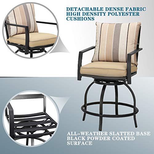 Outdoor Patio Bar Set with High Stool 360° Swivel Armrest Chairs with Soft&Comfort Cushions Square Tempered Glass Top Table