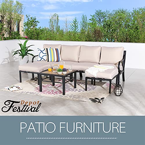 Festival Depot 7 Pcs Patio Conversation Set Sectional Chair Ottoman with Cushions and Coffee Table All Weather Outdoor Furniture for Deck Garden, Beige 