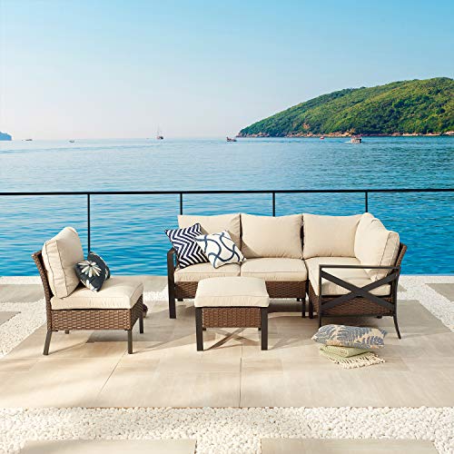 Festival Depot 6 Pieces Patio Conversation Set Outdoor Furniture Sectional Corner Sofa with All-Weather Brown PE Rattan Wicker Back Chair, Ottoman and Thick Soft Removable Couch Cushions 