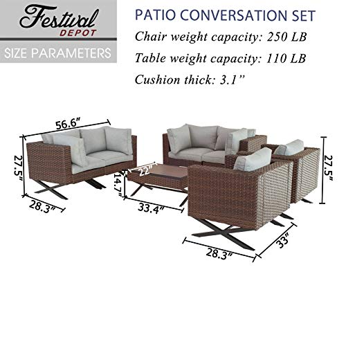 Festival Depot 7pcs Outdoor Furniture Patio Conversation Set Sectional Sofa Chairs with X Shaped Metal Leg All Weather Brown Rattan Wicker Coffee Table with Grey Thick Seat Back Cushions 