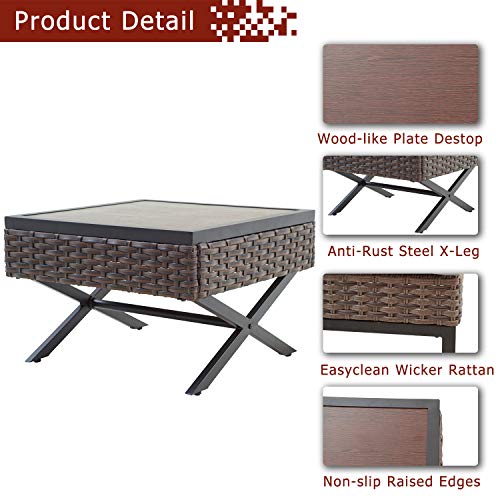 Festival Depot Metal Outdoor Side Coffee Table Patio Bistro Living Room Dining Table Wood Grain Top Wicker Rattan Furniture with X Shaped Steel Legs Brown Black