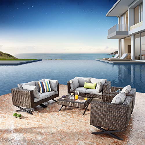 Festival Depot 7pcs Outdoor Furniture Patio Conversation Set Sectional Sofa Chairs with X Shaped Metal Leg All Weather Brown Rattan Wicker Coffee Table with Grey Thick Seat Back Cushions 