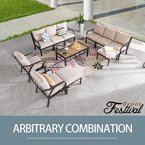 Festival Depot 11 Pieces Patio Conversation Set Sectional Sofa Armchair Ottoman with Thick Cushions and Coffee Table All Weather Metal Outdoor Furniture for Deck Garden, Beige 