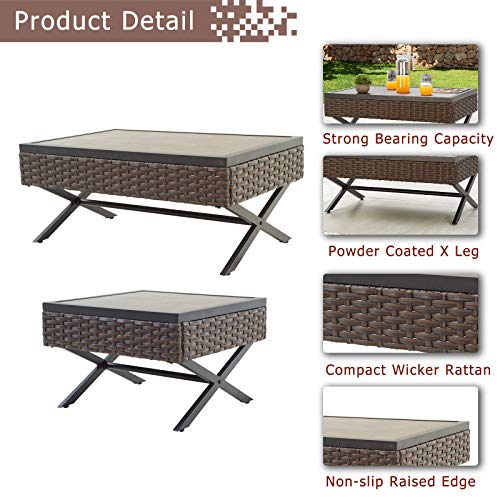 Festival Depot 9 pcs Outdoor Furniture Patio Conversation Set Sectional Corner Sofa Chairs with X Shaped Metal Leg All Weather Brown Rattan Wicker Square Side Coffee Table with Grey Seat Back Cushions 