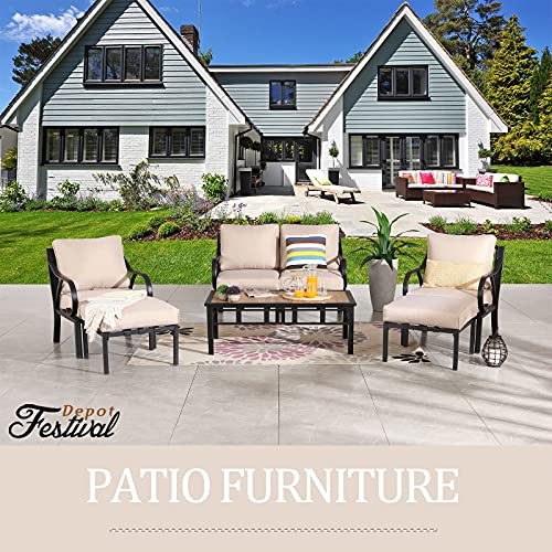 Festival Depot 7pcs Patio Conversation Set Sectional Metal Chairs with Cushions Ottoman and Coffee Table All Weather Outdoor Furniture for Garden Backyard Balcony, Beige 