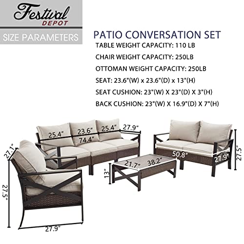 Festival Depot 7 Pcs Patio Outdoor Furniture Loveseat Conversation Set Sectional Sofa with All-Weather Brown Wicker Back Chair, Coffee Side Table, Ottoman and Soft Thick Removable Couch Cushion