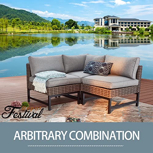 Festival Depot Patio Armless Chairs Outdoor Furniture with Woven Wicker Rattan, Metal Frame and Comfy 3.1" Thickness Cushions for Garden Deck Porch Poolside Backyard