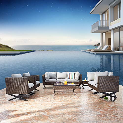 Festival Depot 9 pcs Outdoor Furniture Patio Conversation Set Sectional Corner Sofa Chairs with X Shaped Metal Leg All Weather Brown Rattan Wicker Square Side Coffee Table with Grey Seat Back Cushions