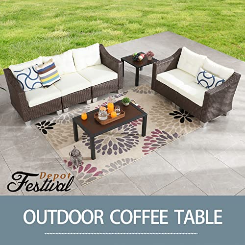 Stylish All-Weather Patio Coffee Table with Wood-Like Metal Frame