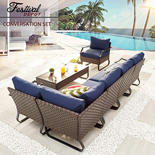 Festival Depot 7 Pieces Patio Conversation Sets Outdoor Furniture Sectional Corner Sofa with All-Weather PE Rattan Wicker Back Armchair, Coffee Table and Thick Soft Removable Couch Cushions (Blue) 