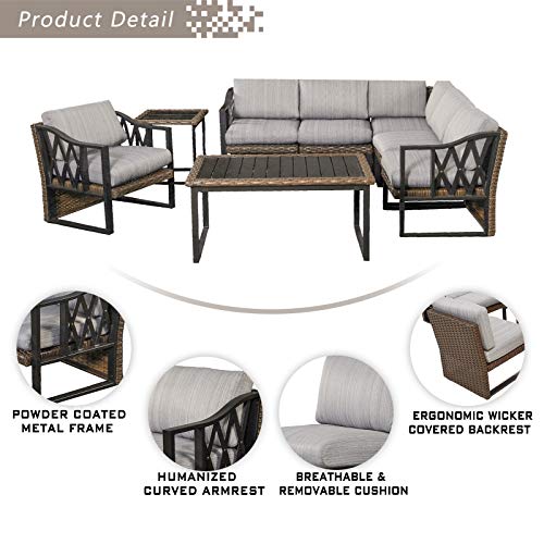 Festival Depot 8pcs Outdoor Furniture Patio Conversation Set Sectional Corner Sofa Chairs All Weather Brown Rattan Wicker Slatted Coffee Table End Table with Grey Thick Seat Back Cushions, Black 