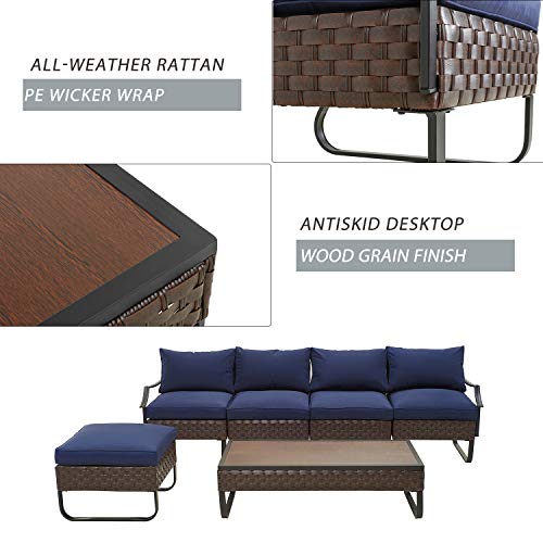 Festival Depot 6 Pieces Patio Outdoor Furniture Conversation Sets Sectional Sofa, All-Weather PE Rattan Brown Wicker Back Chair with Coffee Table, Ottoman and Thick Soft Removable Couch Cushions(Blue) 