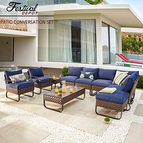 Festival Depot 10 Pieces Patio Conversation Sets Outdoor Furniture Sectional Corner Sofa with All-Weather PE Rattan Wicker Back Chair, Coffee Table Ottoman and Thick Soft Removable Couch Cushion(Blue)