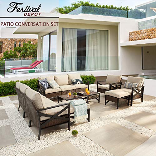 Festival Depot 12 Pcs Patio Outdoor Furniture Conversation Set Sectional Sofa with All-Weather Brown PE Rattan Wicker Back Chair, Ottoman, Coffee Table and Soft Thick Removable Couch Cushions 