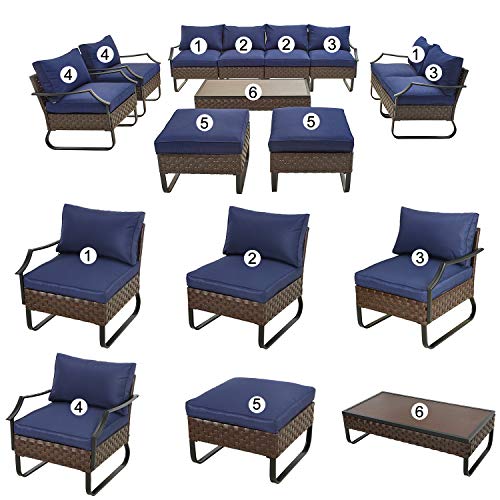 Festival Depot 11 Pcs Patio Outdoor Furniture Conversation Sets Sectional Sofa with All-Weather PE Rattan Wicker Chair, Loveseat Coffee Table and Soft Removable Couch Cushions (Blue)