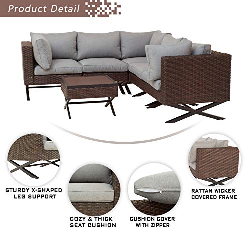 Festival Depot 6pcs Outdoor Furniture Patio Conversation Set Sectional Corner Sofa Chairs with X Shaped Metal Leg All Weather Brown Rattan Wicker Side Coffee Table with Grey Thick Seat Back Cushions 