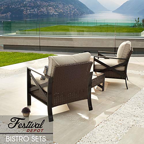 3-Piece Bistro Patio Conversation Set Soft & Deep Cushion Wicker Rattan Square Wood Grain Top Side Coffee Table 