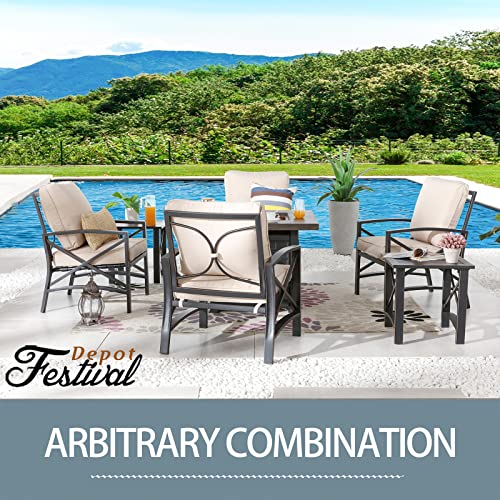 Festival Depot 7 Pcs Patio Conversation Set Outdoor Furniture 50,000 BTU Propane Fire Pit Table Gas and Armrest Chair Coffee Table with Thick & Soft Cushions for Garden, Pool, Backyard