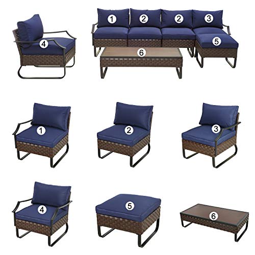 Festival Depot 7 Pieces Patio Outdoor Furniture Conversation Sets Sectional Sofa, All-Weather PE Rattan Wicker Back Armchair with Coffee Table, Ottoman and Thick Soft Removable Couch Cushions (Blue)