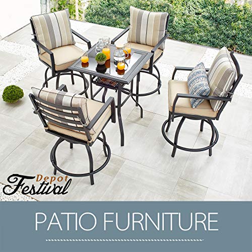 Outdoor Patio Bar Set with High Stool 360° Swivel Armrest Chairs with Soft&Comfort Cushions Square Tempered Glass Top Table