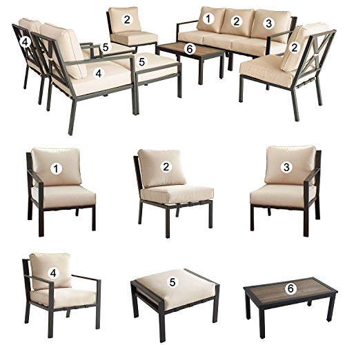 Festival Depot 10-Pieces Patio Outdoor Furniture Conversation Sets Loveseat Sectional Sofa, All-Weather Black X Slatted Back Chair with Coffee Table and Removable Couch Cushions (Beige)