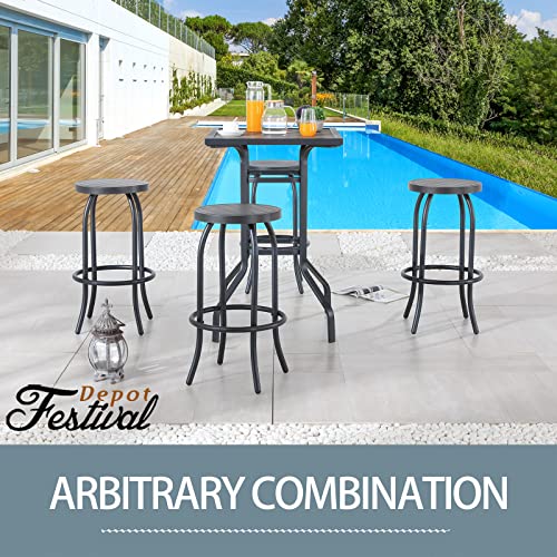 Sports Festival 5 Pcs Patio Bistro Height Set Outdoor Furniture, 4 Backless Bar Stool Chair with a Round Seat, Foot Pedals and Wooden Finish Desktop Metal Frame Steel Square Table for Deck Garden Lawn