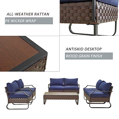 Festival Depot 7 Pieces Patio Conversation Sets Outdoor Furniture Loveseat Sectional Sofa with All-Weather PE Rattan Wicker Back Armchair, Coffee Table and Soft Removable Couch Cushions (Blue) 