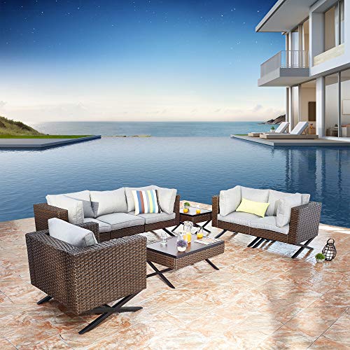 Festival Depot 8pcs Outdoor Furniture Patio Conversation Set Sectional Corner Sofa Chairs with X Shaped Metal Leg All Weather Brown Rattan Wicker Square Side Coffee Table with Grey Seat Back Cushions 