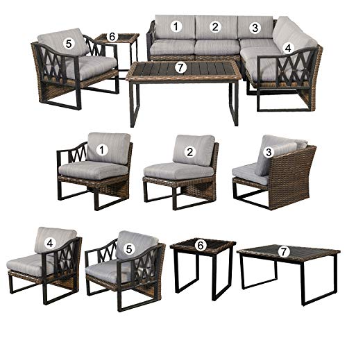 Festival Depot 8pcs Outdoor Furniture Patio Conversation Set Sectional Corner Sofa Chairs All Weather Brown Rattan Wicker Slatted Coffee Table End Table with Grey Thick Seat Back Cushions, Black 