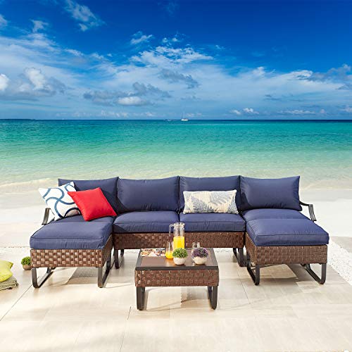 Festival Depot 7 Pieces Patio Conversation Sets Outdoor Furniture Sectional Sofa, All-Weather PE Rattan Brown Wicker Back Chair with Coffee Table, Ottoman and Thick Soft Removable Couch Cushions(Blue) 