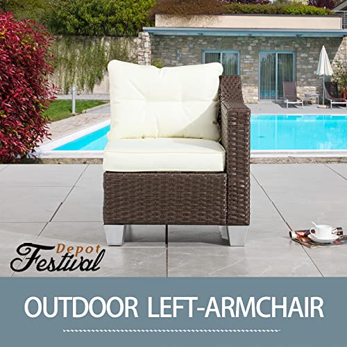 Elegant Beige Rattan Wicker Single Sofa Chair with Metal Frame and Removable Cushion for Outdoor Comfort