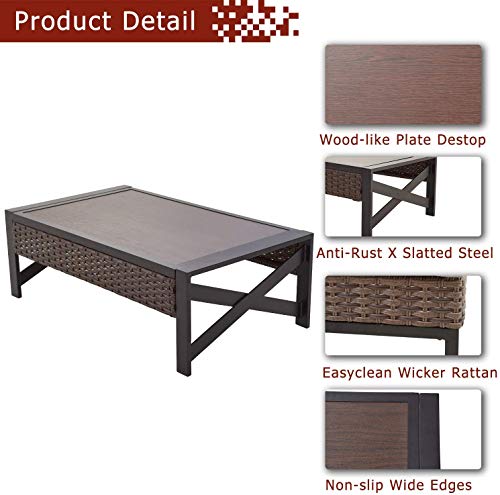 Festival Depot Patio Table Rattan Coffee Table with Aluminum Tabletop and X Shaped Leg All Weather Outdoor Wicker Furniture for Backyard Porch Garden