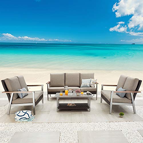 Festival Depot 4 Pcs Patio Conversation Set Wicker Chairs Loveseats with Thick Cushions and Coffee Table in Metal Frame Outdoor Furniture for Deck Garden 