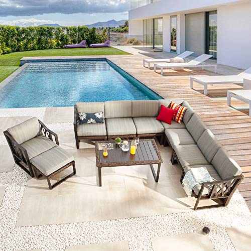 Festival Depot 10Pc Outdoor Furniture Patio Conversation Set Sectional Corner Sofa Chairs All Weather Wicker Ottoman Metal Frame Slatted Coffee Table with Thick Grey Seat Back Cushions Without Pillows 