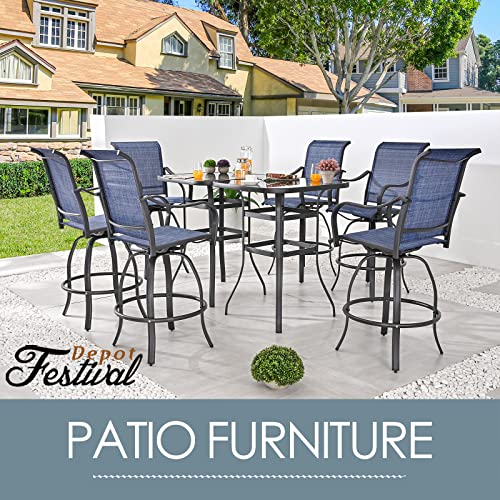 Festival Depot 8pcs Patio Dining Set Bar Height Stools Swivel Bistro Chairs with Armrest and Tempered Glass Top Table Metal Outdoor Furniture for Yard (6 Chairs,2 Table) (Blue)