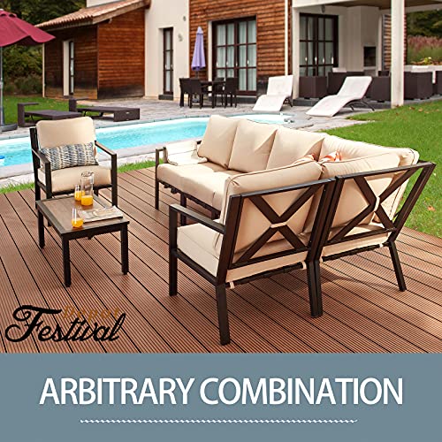 Festival Depot 6 Pieces Patio Furniture Set All-Weather Polyester Fabrics Metal Frame Sofa Outdoor Conversation Set Sectional Corner Couch with Cushions & Coffee Table for Deck Poolside Balcony(Beige) 