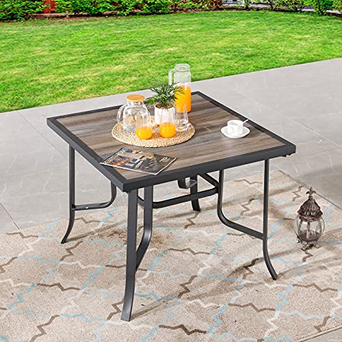 Festival Depot Outdoor Dining Table Black Metal Patio Table with Wood-Like DPC Tabletop and Curved Steel Legs Square Bar Height Bistro Table for Garden, Backyard and Porch